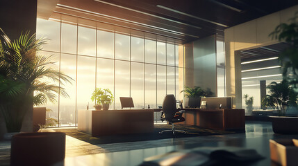 Wall Mural - Modern Office Interior with Bright Natural Lighting a desk with a computer and a chair in a room
