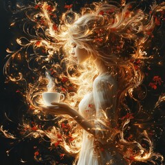 Poster - Elegant dynamic design of girl in motion gold and red flower brackets swirling around her as she holds a white coffee cup glowing light and detailed luxurious dark background photorealistic