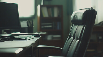 Wall Mural - Modern Office Interior with Bright Natural Lighting a desk with a computer and a chair in a room
