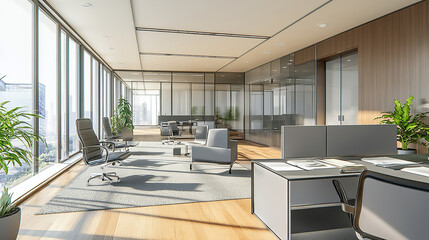 Wall Mural - Modern Office Interior with Bright Natural Lighting a desk with a computer and a chair in a room

