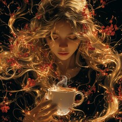 Poster - Elegant dynamic design of girl in motion gold and red flower brackets swirling around her as she holds a white coffee cup glowing light and detailed luxurious dark background photorealistic
