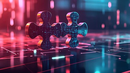Poster - Abstract puzzle pieces moving on futuristic neon grid background in technology concept