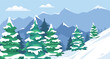 © GN.STUDIO - Snow-covered pine trees on a snowy slope with blue mountain peaks and clouds in the background. Winter nature concept. Vector illustration