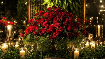 Poster - A close-up of a floral centerpiece made of roses, surrounded by greenery and candles, enhancing the room's decor.