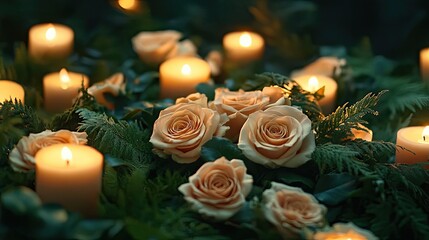 Poster - A close-up of a floral centerpiece made of roses, surrounded by greenery and candles, enhancing the room's decor.