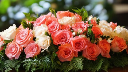 Poster - A close-up of a floral centerpiece made of roses, surrounded by greenery and candles, enhancing the room's decor.