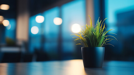 Wall Mural - At night beautiful Abstract blurred office interior room. blurry working space with defocused effect Modern office space with glass partitions illuminated