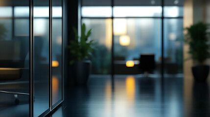 Wall Mural - At night beautiful Abstract blurred office interior room. blurry working space with defocused effect Modern office space with glass partitions illuminated