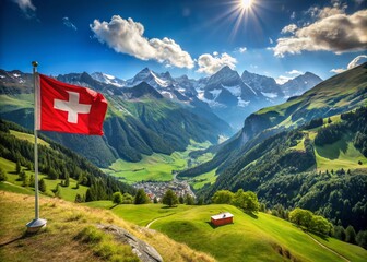 Wall Mural - Swiss Alps Landscape with National Flag: Breathtaking Mountain Panorama