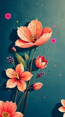 Poster - A flower with a yellow center and red petals. The flower is surrounded by green leaves. The flower is on a blue background