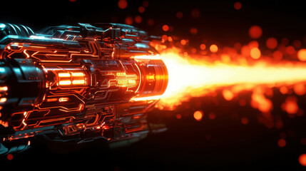 Poster - Glowing Red Orange Energy Beam Shooting from Futuristic Technology Device in Dark Background