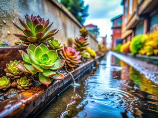 Wall Mural - Rainy Day Succulents: Urban Resilience in a City Gutter