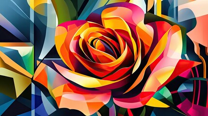 Poster - A modern digital illustration of a vibrant rose with bold geometric shapes and bright colors.