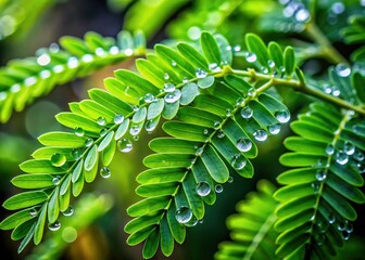 sami tree leaves with water droplets - high-resolution stock photo