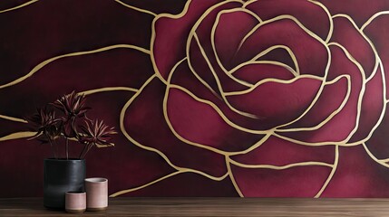 Fototapete - A modern geometric rose wallpaper with bold lines and abstract floral designs in shades of deep red and gold.