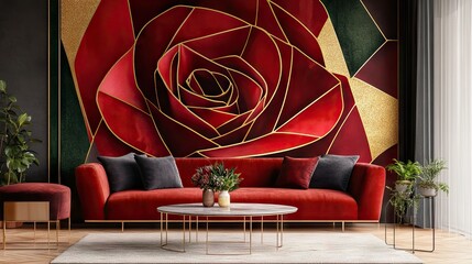 Fototapete - A modern geometric rose wallpaper with bold lines and abstract floral designs in shades of deep red and gold.