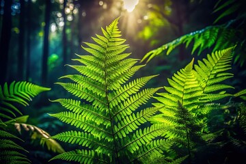Wall Mural - Silhouette of Lush Green Ferns in Forest, Nature Background Stock Photo