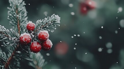 Wall Mural - Snowy Winter Berries on Evergreen Branch