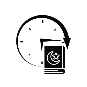 Ramadan icon. vector clock with Islamic religious scriptures on a white background. reading the Koran, time to recite the Koran, study. Solid design style