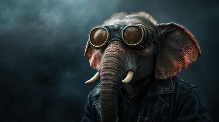 An imaginative portrayal of an elephant wearing vintage goggles and a leather jacket, blending the emotions of adventure and nostalgia into a unique character.