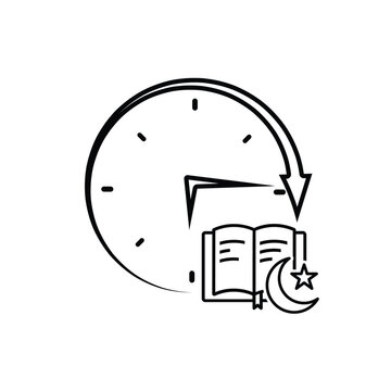 Ramadan icon. vector clock with Islamic religious scriptures on a white background. reading the Koran, time to recite the Koran, study. Line design style