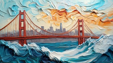 Poster - Fluid art composition of Golden Gate Bridge rendered in abstract 3D shapes and thick oil paint San Franciscos skyline in the background blending into swirling detailed brushstrokes