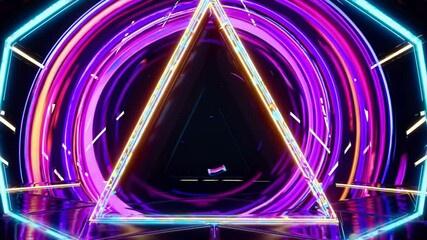 Poster - A neon-lit triangular portal surrounded by vibrant streaks of purple, pink,