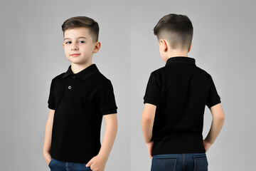 Wall Mural - boy wearing a black polo tee shirt mockup front and back used as a design template