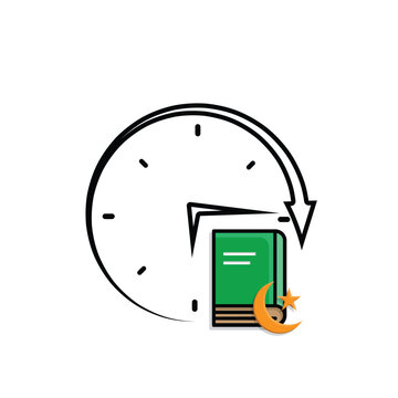 Ramadan icon. vector clock with Islamic religious scriptures on a white background. reading the Koran, time to recite the Koran, study. Mixed design style