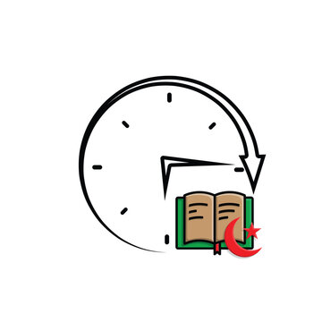 Ramadan icon. vector clock with Islamic religious scriptures on a white background. reading the Koran, time to recite the Koran, study. Mixed design style