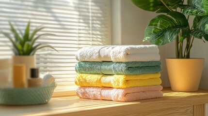 Poster - Soft, fluffy towels are arranged neatly in vibrant colors near a sunlit window, with green plants adding a refreshing touch to a cozy home atmosphere