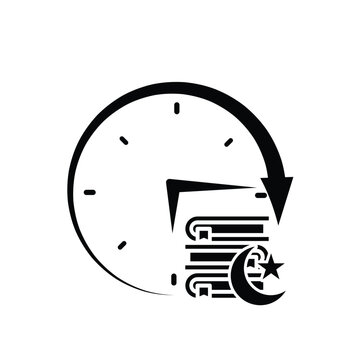 Ramadan icon. vector clock with Islamic religious scriptures on a white background. reading the Koran, time to recite the Koran, study. Solid design style