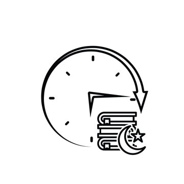 Ramadan icon. vector clock with Islamic religious scriptures on a white background. reading the Koran, time to recite the Koran, study. Line design style