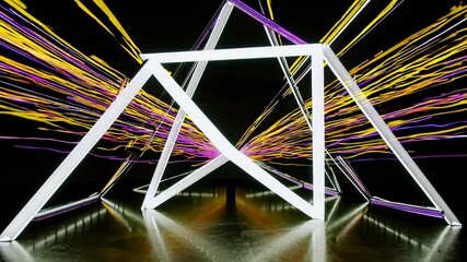 Poster - A neon-lit triangular portal surrounded by vibrant streaks of purple, pink,