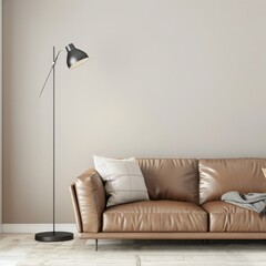 A modern living room with a brown leather sofa. a black floor lamp. and a beige wall