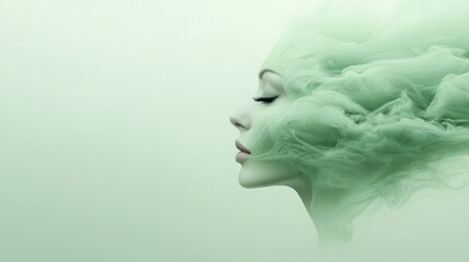 Poster - A soft-focus image of a womanâ€™s face, her features gently fading into abstract green swirls,