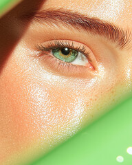 Poster - A delicate close-up of a womanâ€™s face with soft, natural makeup, set against a soft green