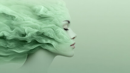 Poster - A soft-focus image of a womanâ€™s face, her features gently fading into abstract green swirls,