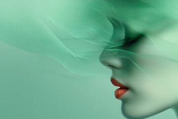 Aufkleber - A close-up of a womanâ€™s face, with an abstract green background swirling around her, creating an