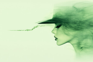 Aufkleber - A close-up of a womanâ€™s face, with an abstract green background swirling around her, creating an