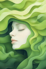Aufkleber - A serene and dreamy portrait of a woman, her face soft and glowing, enveloped by green, swirling