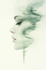 Aufkleber - A whimsical portrait of a womanâ€™s face, her expression soft and tranquil, with abstract green