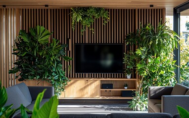 Wall Mural - Modern living room with plants, TV, wooden wall