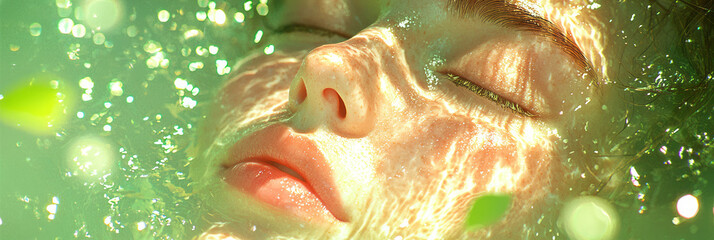 Aufkleber - A close-up of a womanâ€™s face with closed eyes, bathed in soft light, as gentle green swirls form