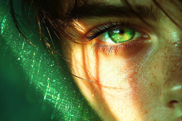 Poster - A dreamy close-up of a womanâ€™s face, softly lit with a natural glow, set against a backdrop of