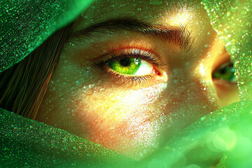 Poster - A dreamy close-up of a womanâ€™s face, softly lit with a natural glow, set against a backdrop of