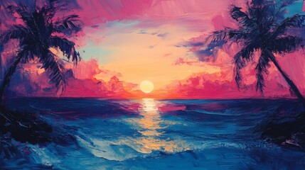 Poster - Fluid art depiction of Tahitis sunset where thick oil paint forms palm trees abstract liquid 3D shapes shape the ocean view A surreal scene in vibrant sharpedged details