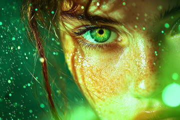 Aufkleber - A dreamy close-up of a womanâ€™s face, softly lit with a natural glow, set against a backdrop of