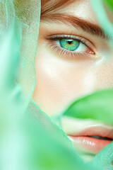 Aufkleber - An enchanting close-up portrait of a womanâ€™s face, with soft, flowing green shapes wrapping