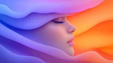 Aufkleber - A close-up of a womanâ€™s serene face, softly lit, with vibrant orange and purple tones swirling